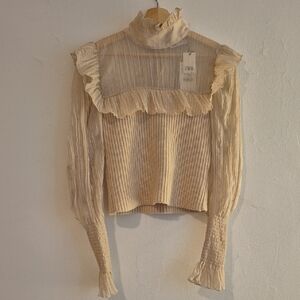 Zara Cream Ruffled Long Sleeve Cropped Sweater Blouse